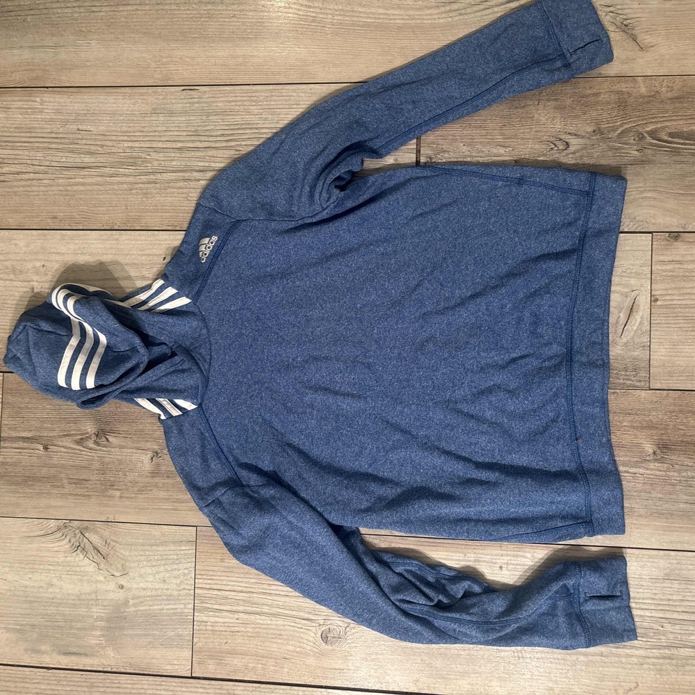 Adidas Blue Striped Hood Long Sleeve Pullover Hoodie Large